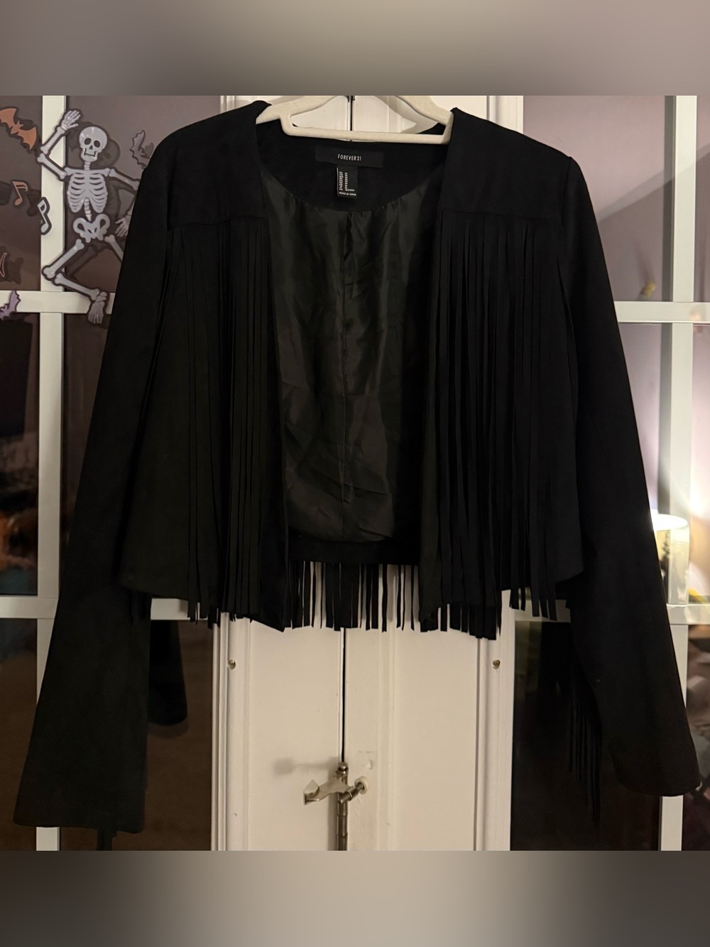 Forever 21 Black Faux Suede Fringe Cropped Open Jacket - Size M